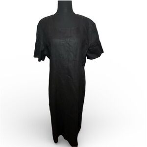 Ann Gerlin Women's Sz 12 Black Linen Maxi Dress Lined Lagenlook Slit Square Neck